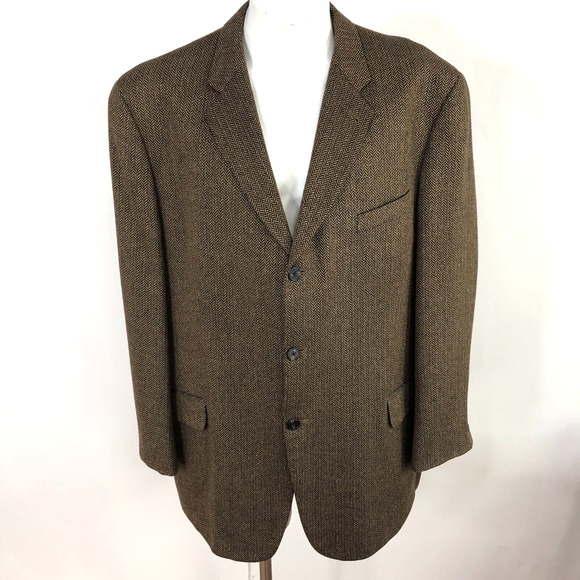 Joseph Abboud 48 R Silk Wool Herringbone Button Sport Coat Jacket Brown - Picture 1 of 15